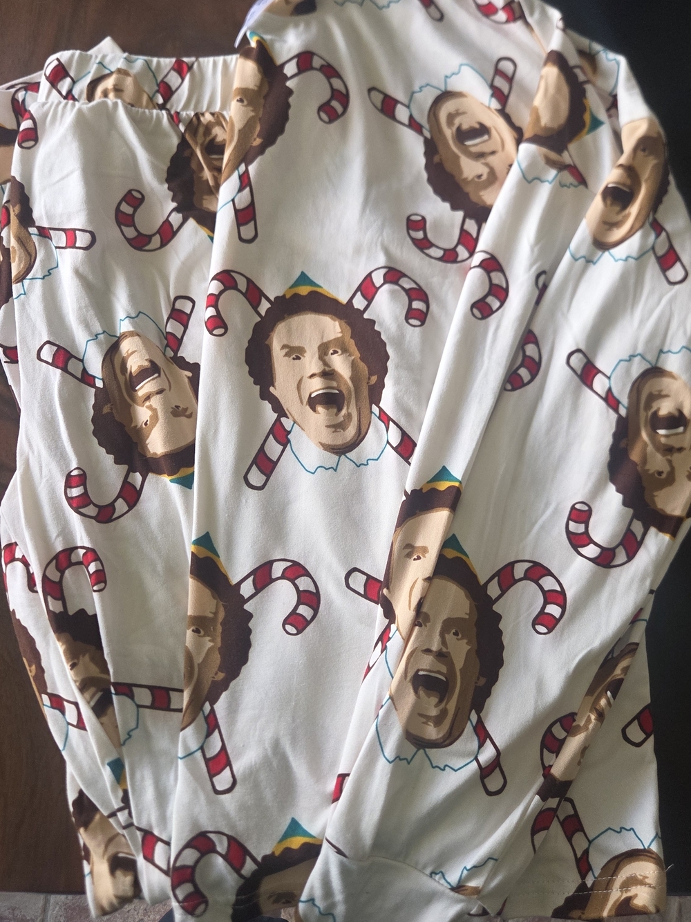 ELF Cream Pajama Pants with Red Candy Cane & Brown Face Accents
